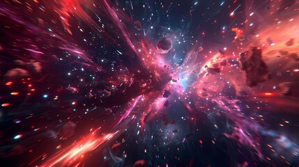 A thrilling scene of a high-speed space exploration, with a defocused backdrop of vibrant particles