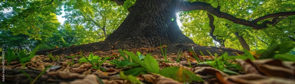 Poster low angle view of a large tree with sprawling branches, green leaves, and sunlight filtering through