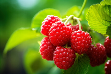 Bunch of Raspberries on Branch. Background with selective focus and copy space