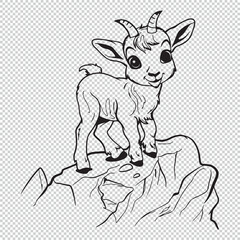 Cute cartoon baby goat design for kids coloring book, black vector illustration on transparent background
