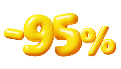 Balloon number minus ninety five percent sign for sale concept. 3d render illustration of yellow plastic glossy discount typography -95. Cartoon bubble element percentage off for special offer promo.