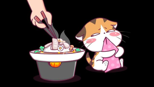 Animated Little Cat Wants to Eat BBQ - Transparent Background