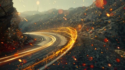 A thrilling scene of a high-speed car chase on a winding mountain road, with a defocused backdrop...