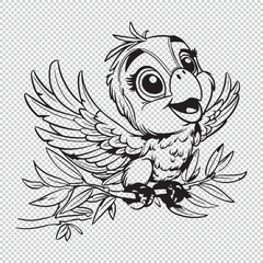 Cute cartoon baby macaw design for kids coloring book, black vector illustration on transparent background