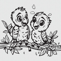 Cute cartoon baby macaws design for kids coloring book, black vector illustration on transparent background