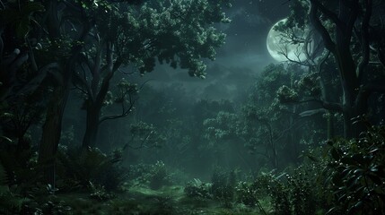 Obraz premium A dark forest bathed in the soft glow of the moon, the moonlight highlighting the intricate details of the trees and undergrowth.
