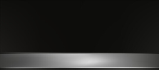 Black Background,Empty Studio Room with Spot Light on Grey Metallic Stainless Steel Counter top Display for Product Presentation, Vector Backdrop Metal shelf texture with light reflect on floor