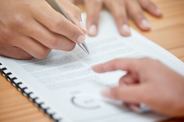 Hands, signing and person with lawyer and contract for marriage, mortgage or insurance. Legal,...