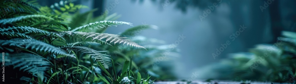 Aufkleber lush green ferns in a foggy forest, creating a serene and mystical natural atmosphere perfect for ba