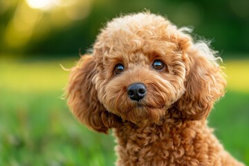 An adorable dog is captured looking up at the camera with wide, expressive eyes full of curiosity and affection. The background is softly blurred.