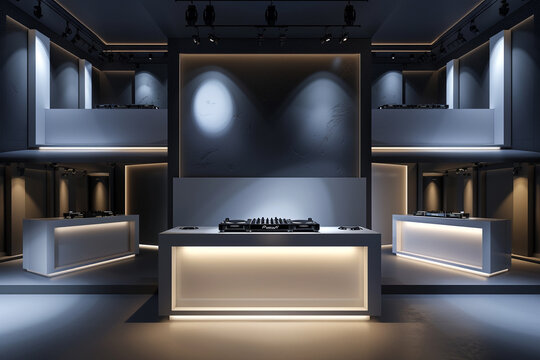 Blank, modern 3D rendered DJ booth in multiple perspectives. Ultra realistic mockup.