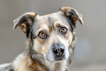 An adorable dog is captured looking up at the camera with wide, expressive eyes full of curiosity and affection. The background is softly blurred.