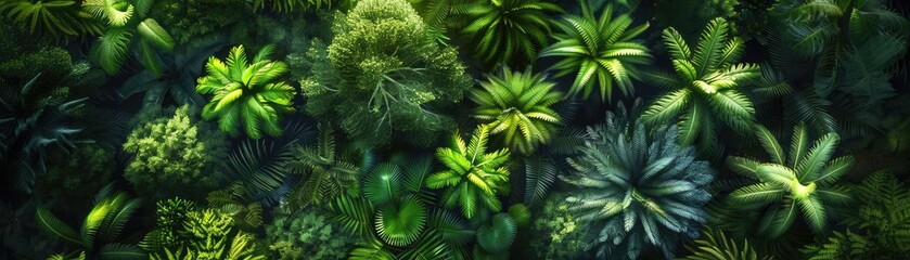Top view of lush green tropical plants with various leaves, showcasing vibrant foliage and natural beauty, ideal for nature-themed designs.