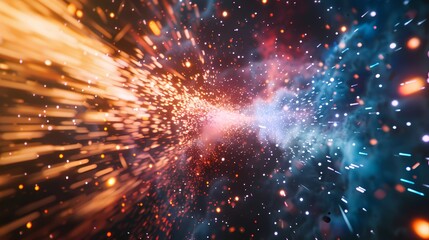 A thrilling scene of a high-speed space exploration, with a defocused backdrop of vibrant particles