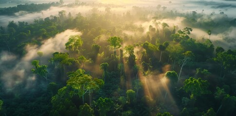 An aerial view of the rainforest with morning mist at sunrise in the Benecheaxed Forest, which drifts across the canopy and creates an ethereal atmosphere - Powered by Adobe