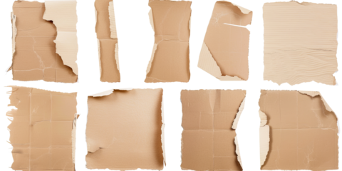A set of torn plain cardboard paper pieces in various shapes and sizes. The collection features rough edges and textured surfaces, perfect for design, crafting, or background elements.