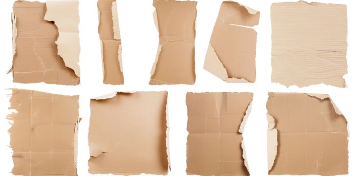 A set of torn plain cardboard paper pieces in various shapes and sizes. The collection features rough edges and textured surfaces, perfect for design, crafting, or background elements.