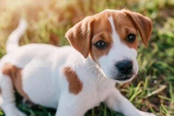 An adorable dog is captured looking up at the camera with wide, expressive eyes full of curiosity and affection. The background is softly blurred.