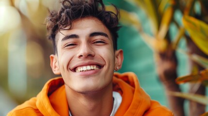 A smiling young man in an orange hoodie radiates happiness