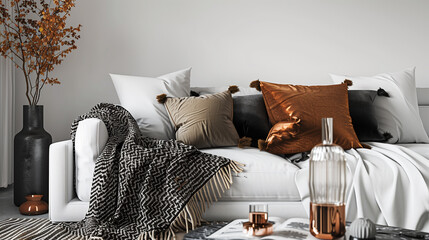 minimalist black and white throw blankets draped over a sofa, paired with copper throw pillows