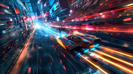 A thrilling scene of a high-speed race through a futuristic city, with a defocused backdrop of vibrant particles