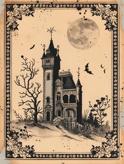 Vintage engraved halloween castle
