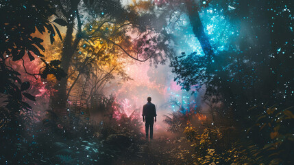 Magical forest with silhouetted person under colorful lights
