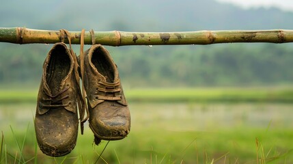 Old shoes stained and hanging on a bamboo bar against a backdrop of a green field
