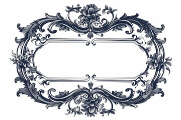  vintage-style dark blue border frame with delicate swirls and elegant roses adorns a crisp white background.