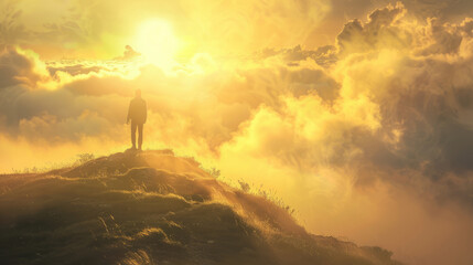 Man standing on mountain at sunrise above the clouds landscape