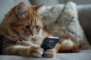 A fluffy ginger cat lounges on a sofa, attentively holding a smartphone