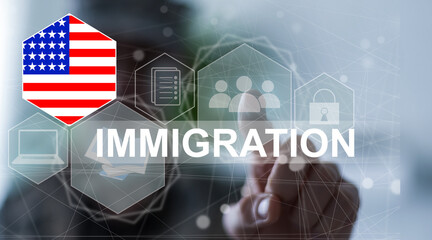 United States of America immigration concept. Man pressing virtual button with flag icon.