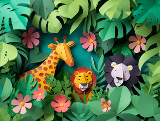 A vibrant paper art scene featuring a giraffe, a lion, and a lioness surrounded by lush green foliage and colorful flowers