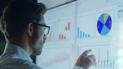 Analyst scrutinizing data trends on digital screens full of colorful charts.