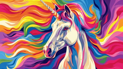 Wandcirkels Eenhoorn A colorful unicorn with a rainbow mane and tail. The unicorn is the main focus of the image, and the colors of the mane and tail create a sense of whimsy and magic. Scene is playful and imaginative  © Cherrita07