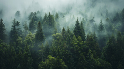 Dense misty evergreen forest in mountainous region