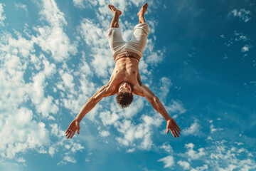Man performing acrobatic flip against a clear blue sky - Powered by Adobe