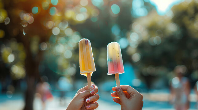 Summer treats in full bloom, hands holding popsicles against a sunny park.