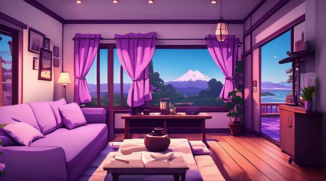stream starting soon screen, overlay loop, animated virtual backgrounds, cozy lo-fi living room Japanese town view. vtuber asset twitch zoom OBS, anime chill hip hop. Cyan purple colours manga style