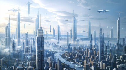 Naklejka premium A futuristic city skyline with hover vehicles and drones