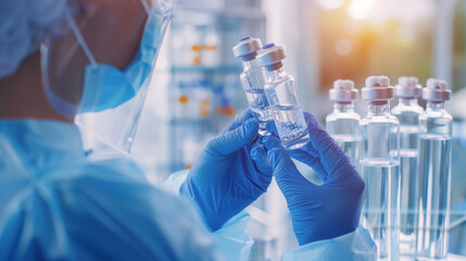 Close-up of a scientist examining a vial vaccine, signifying medical research and healthcare.