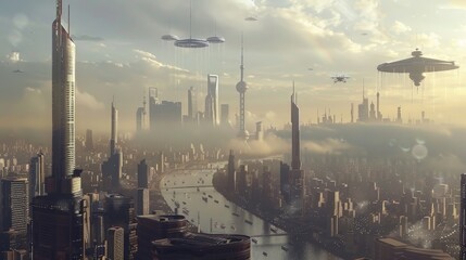 Obraz premium A futuristic city skyline with hover vehicles and drones