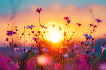Beauty Nature. Sunset Meadow with Wildflowers and Silhouettes in Countryside