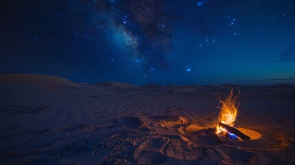 Campfire under a starry sky in the desert