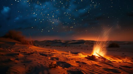 Campfire in the desert under a starry sky.