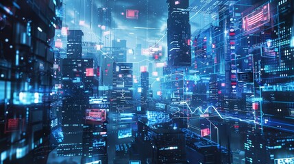 A futuristic cityscape with digital displays and holographic projections
