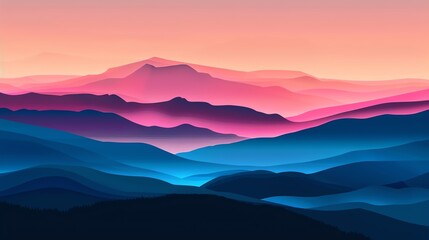 Abstract landscape with pink and blue mountains at sunset.