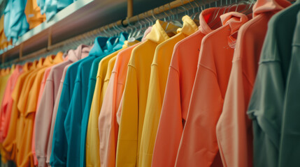 Fototapeta premium Vivid array of sweatshirts on display in a colorful clothing store.