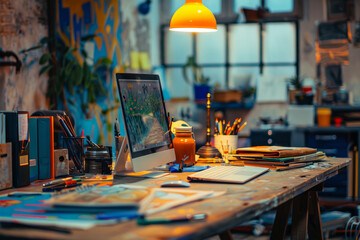 Creative workspace with computer and art supplies in cozy studio