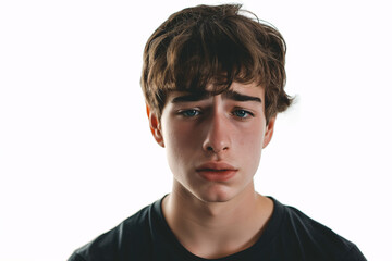Young Man with Serious Expression in a Black Shirt on a White Background